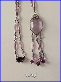 ANTIQUE 1920's ART DECO STERLING AMETHYST GLASS NECKLACE 20