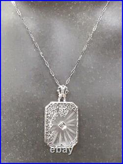 ANTIQUE 1920s ART DECO 14k WHITE GOLD/DIAMOND CAMPHOR GLASS NECKLACE/PENDANT 16