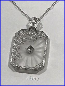 ANTIQUE 1920s ART DECO 14k WHITE GOLD/DIAMOND CAMPHOR GLASS NECKLACE/PENDANT 16