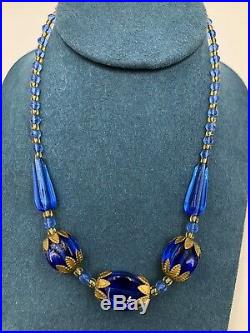 ANTIQUE 1920s ART NOUVEAU DECO CZECH BLUE FLUTED MELON GLASS NECKLACE BRASS FIND