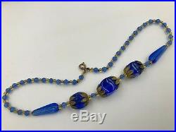 ANTIQUE 1920s ART NOUVEAU DECO CZECH BLUE FLUTED MELON GLASS NECKLACE BRASS FIND