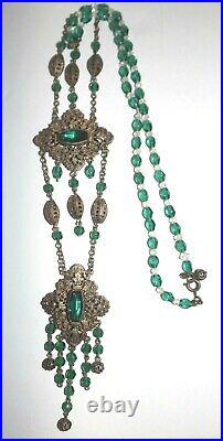 ANTIQUE 1920s CZECH FINE ART DECO FACETED GREEN GLASS FILIGREE LONG NECKLACE