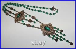 ANTIQUE 1920s CZECH FINE ART DECO FACETED GREEN GLASS FILIGREE LONG NECKLACE