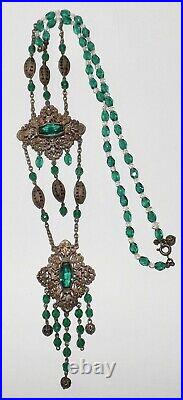 ANTIQUE 1920s CZECH FINE ART DECO FACETED GREEN GLASS FILIGREE LONG NECKLACE