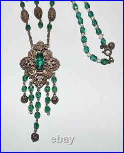 ANTIQUE 1920s CZECH FINE ART DECO FACETED GREEN GLASS FILIGREE LONG NECKLACE