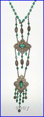 ANTIQUE 1920s CZECH FINE ART DECO FACETED GREEN GLASS FILIGREE LONG NECKLACE