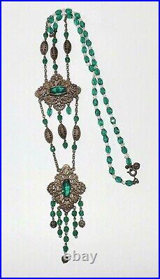 ANTIQUE 1920s CZECH FINE ART DECO FACETED GREEN GLASS FILIGREE LONG NECKLACE