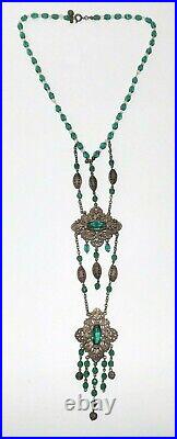 ANTIQUE 1920s CZECH FINE ART DECO FACETED GREEN GLASS FILIGREE LONG NECKLACE