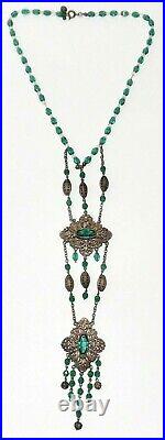 ANTIQUE 1920s CZECH FINE ART DECO FACETED GREEN GLASS FILIGREE LONG NECKLACE