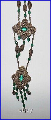 ANTIQUE 1920s CZECH FINE ART DECO FACETED GREEN GLASS FILIGREE LONG NECKLACE