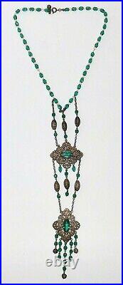 ANTIQUE 1920s CZECH FINE ART DECO FACETED GREEN GLASS FILIGREE LONG NECKLACE