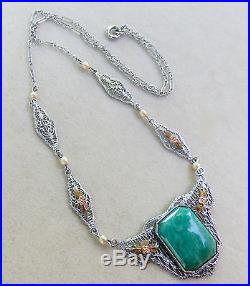 ANTIQUE ART DECO 10K WHITE & ROSE GOLD FILIGREE JADE CABOCHON NECKLACE withPEARLS