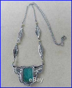 ANTIQUE ART DECO 10K WHITE & ROSE GOLD FILIGREE JADE CABOCHON NECKLACE withPEARLS