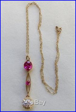 Antique Art Deco 6 Ct. Lab Created Rubywhite Sapphire 14k Gold Pendant Necklace