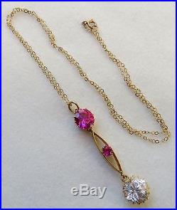 Antique Art Deco 6 Ct. Lab Created Rubywhite Sapphire 14k Gold Pendant Necklace
