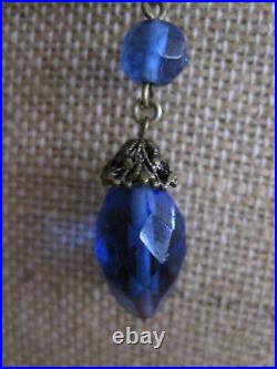 ANTIQUE ART DECO Blue Czech Bead & Brass Fiigree Dangle Pendant 22 Necklace