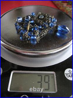 ANTIQUE ART DECO Blue Czech Bead & Brass Fiigree Dangle Pendant 22 Necklace