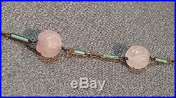 Antique Art Deco Chinese Carved Pink Quartz & Green White Jade Bead Necklace
