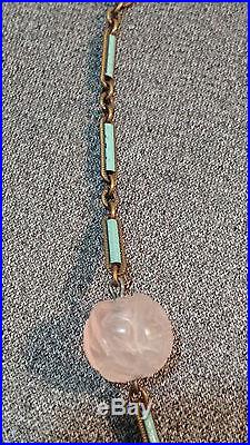 Antique Art Deco Chinese Carved Pink Quartz & Green White Jade Bead Necklace