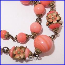 Antique Art Deco Coral Czech Glass Enamel Flower Bead Necklace