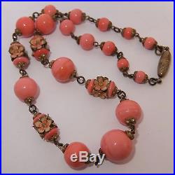 Antique Art Deco Coral Czech Glass Enamel Flower Bead Necklace