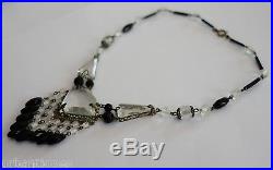 Antique Art Deco Crystal & Black Czech Glass Pendant Necklace