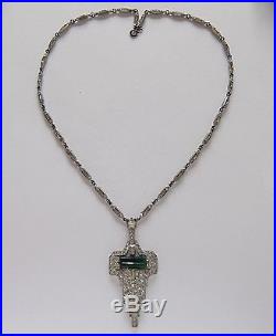 Antique Art Deco Crystal Rhinestone Chrysoprase Glass Paste Pendant Necklace