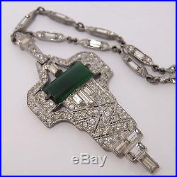 Antique Art Deco Crystal Rhinestone Chrysoprase Glass Paste Pendant Necklace