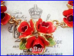 ANTIQUE ART DECO Enamel Gilded Red Roses Cluster VINTAGE NECKLACE EARRINGS SET