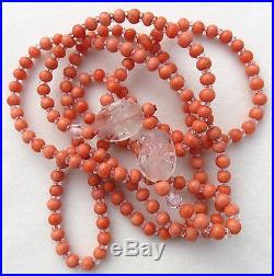 Antique Art Deco Natural Salmon Coral & Carved Rock Crystal Lariat Necklace43