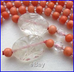 Antique Art Deco Natural Salmon Coral & Carved Rock Crystal Lariat Necklace43