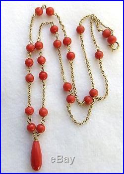 Antique Art Deco Natural Salmon Coral & Solid 18k Gold Pendulum Drop Necklace