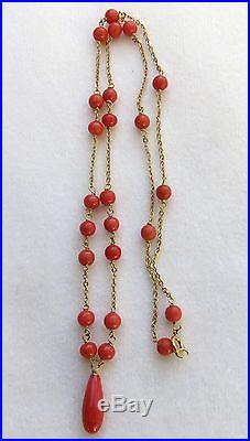 Antique Art Deco Natural Salmon Coral & Solid 18k Gold Pendulum Drop Necklace