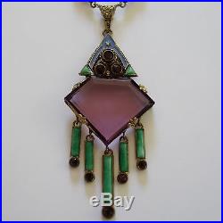 Antique Art Deco Neiger Bros Amethyst Green Czech Glass Enamel Pendant Necklace