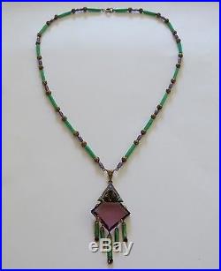 Antique Art Deco Neiger Bros Amethyst Green Czech Glass Enamel Pendant Necklace