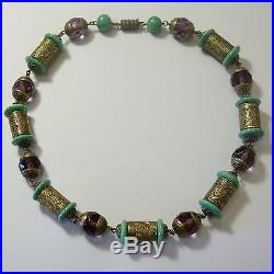 Antique Art Deco Neiger Bros Brass Amethyst & Green Czech Glass Bead Necklace