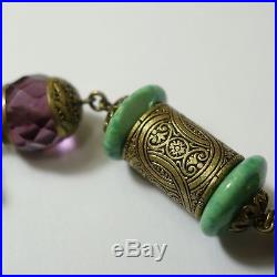 Antique Art Deco Neiger Bros Brass Amethyst & Green Czech Glass Bead Necklace