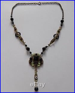 Antique Art Deco Neiger Bros Green Black White Enamel Czech Glass Necklace