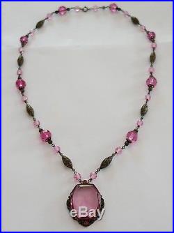 Antique Art Deco Pink Czech Glass Rhinestone Pendant Necklace