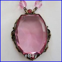 Antique Art Deco Pink Czech Glass Rhinestone Pendant Necklace