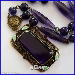 Antique Art Deco Purple Czech Glass Enamel Rhinestone Pendant Necklace