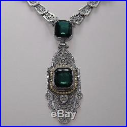 Antique Art Deco Rhodium Plate Filigree Emerald Paste Pendant Necklace