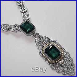 Antique Art Deco Rhodium Plate Filigree Emerald Paste Pendant Necklace