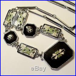 Antique Art Deco Rhodium Plate Green White Enamel Black Glass Necklace