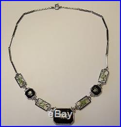 Antique Art Deco Rhodium Plate Green White Enamel Black Glass Necklace