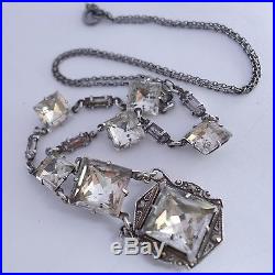 ANTIQUE ART DECO STERLING SILVER CRYSTAL PASTE RHINESTONE MARCASITE NECKLACE