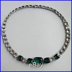 ANTIQUE ART DECO STERLING SILVER OPEN BACK EMERALD CRYSTAL PASTE STONE NECKLACE