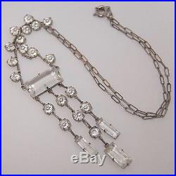 Antique Art Deco Sterling Silver Open Back Set Crystal Rhinestone Necklace