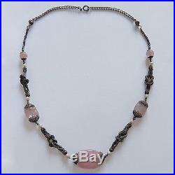 Antique Art Deco Sterling Silver Pink Art Glass Necklace