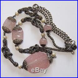 Antique Art Deco Sterling Silver Pink Art Glass Necklace